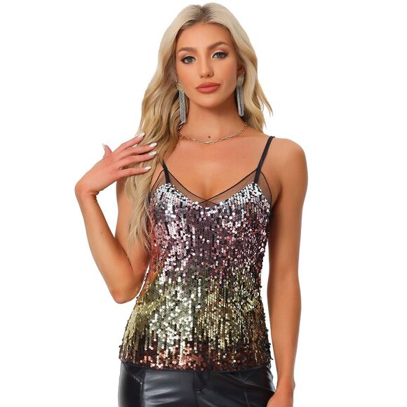 Women's Sequin Blouse Mesh Panel Sleeveless Party Clue Cami Top Multi - Picture 1 of 5
